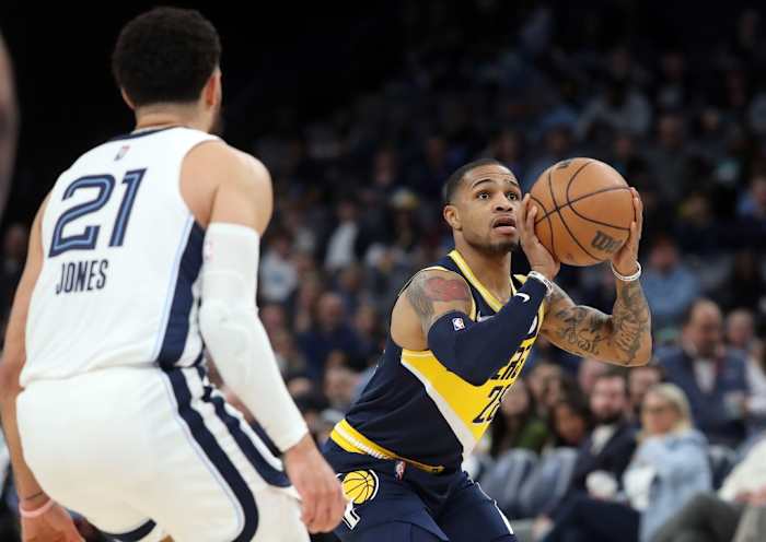 Pacers guard Keifer Sykes puts a shot up against the Memphis Grizzlies.